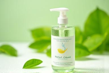 A bottle of Herbal Gleam All-Purpose Herbal Cleaner with a clear label and fresh herbal background.
